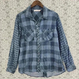 Billy T Lyocell button down plaid long/ tab sleeve women's shirt M